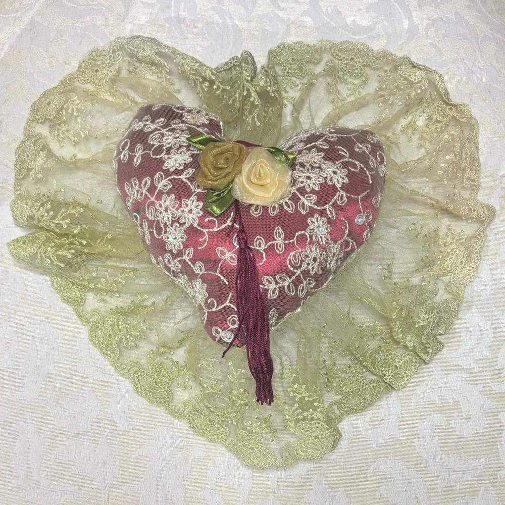 Victorian “French Lovers” Handmade Lace Heart Pillow Vintage Cottage Core Décor